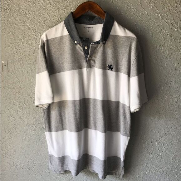 Express Polo Style Gray/White Striped Shirt Size Large - Picture 1 of 6